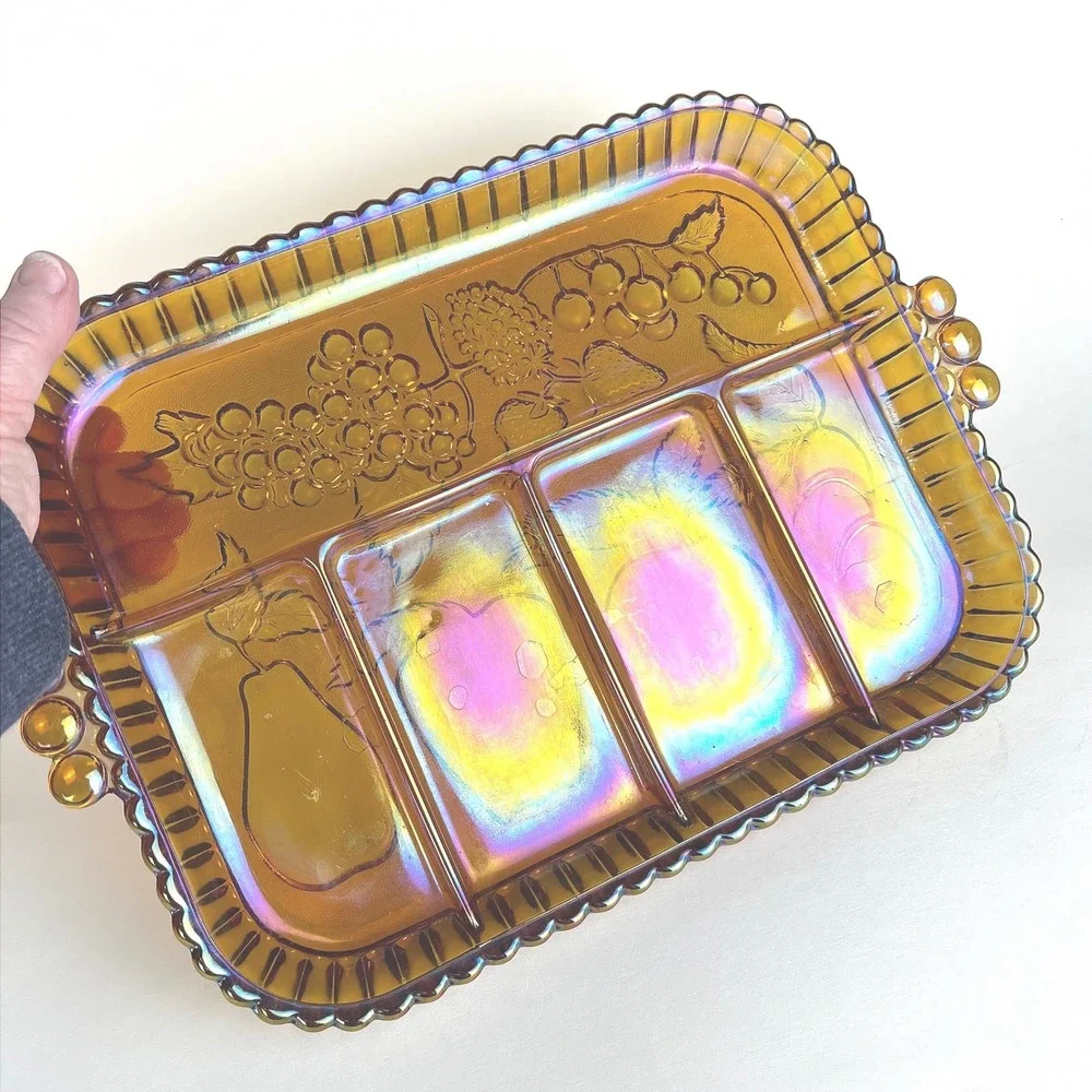Indiana‎ Glass Iridescent Gold Amber Carnival Fruit Garland Divided Tray Platter